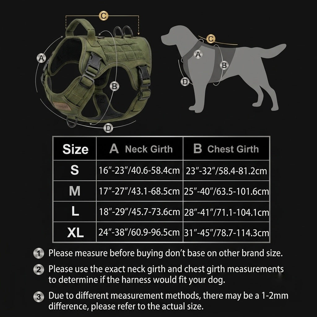 Dog Harness Size Chart — S, M, L, XL Neck Girth and Chest Girth Measurements Guide for Tactical Dog Harness — K9 Forge