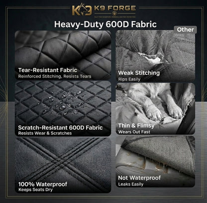 K9 Forge 600D heavy duty dog car seat cover – tear resistant, scratch resistant, 100% waterproof vs thin flimsy cheap alternatives – best dog back seat cover for large dogs