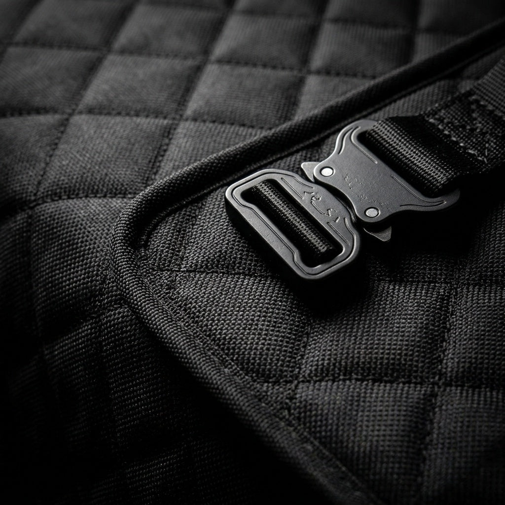 K9 Forge heavy duty tactical metal buckle clasp on quilted dog car seat cover – forge-strength reinforced stitching – premium dog travel gear