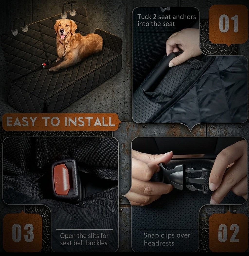 K9 Forge dog car seat cover easy installation guide – tuck seat anchors, snap headrest clips, open seat belt slits – waterproof back seat cover for dogs