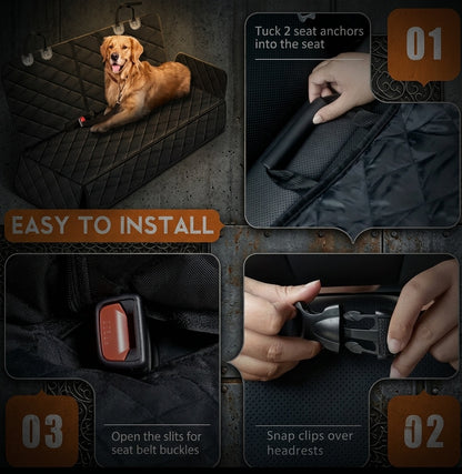 K9 Forge dog car seat cover easy installation guide – tuck seat anchors, snap headrest clips, open seat belt slits – waterproof back seat cover for dogs