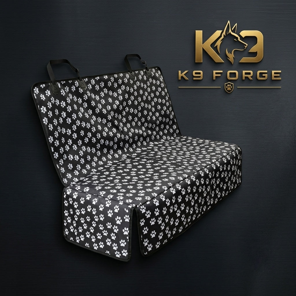 K9 Forge black dog car back seat cover with white paw print pattern – waterproof quilted pet seat protector for SUV truck family car – cute dog travel accessory