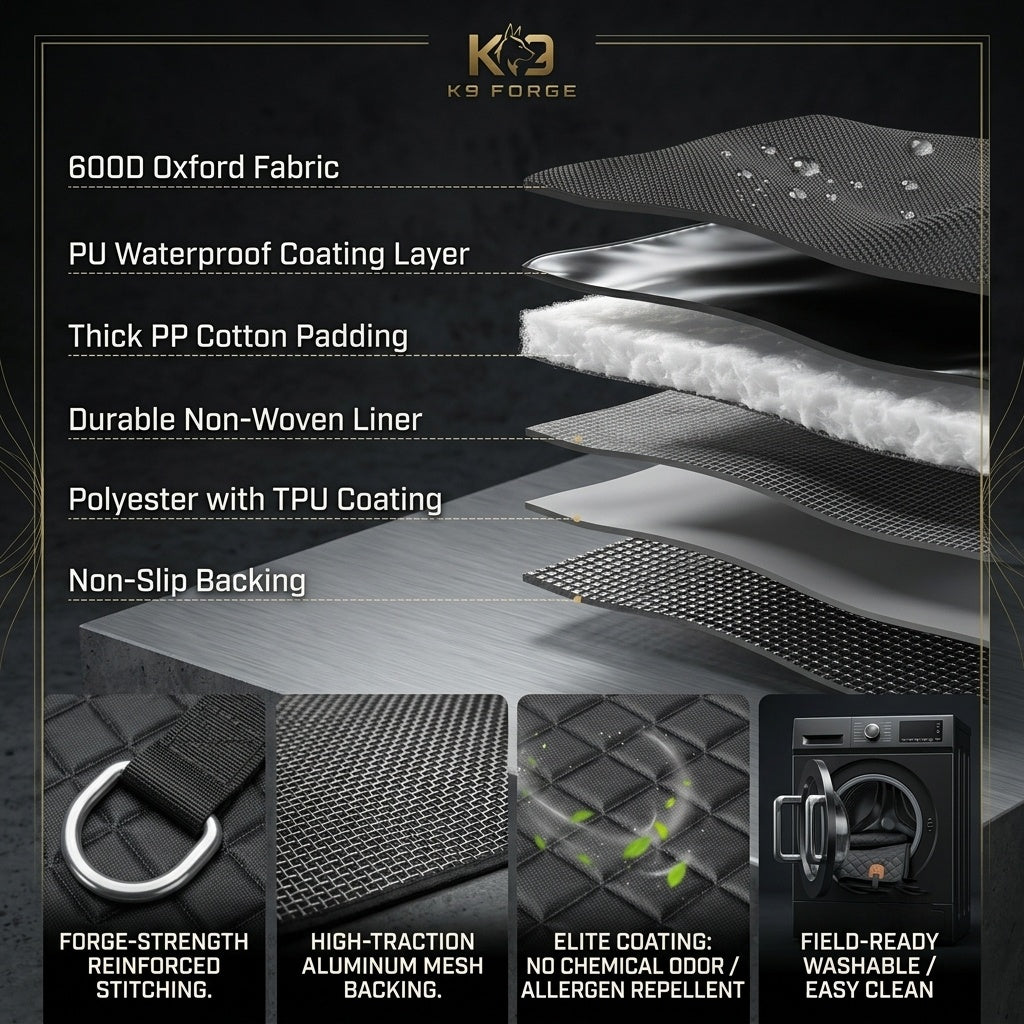 K9 Forge dog seat cover material layers – 600D Oxford fabric, PU waterproof coating, PP cotton padding, TPU polyester, non-slip aluminum mesh backing – allergen repellent machine washable