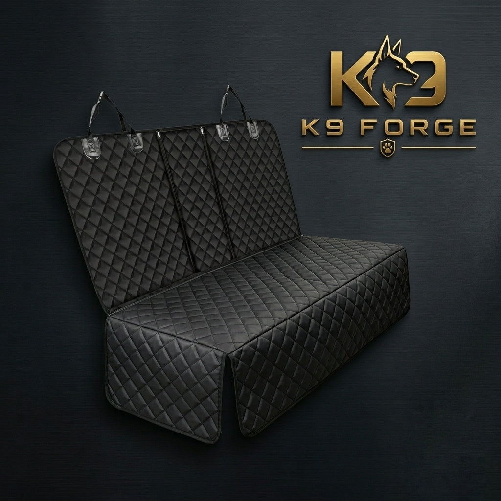 K9 Forge premium black quilted dog car seat cover with headrest straps and side flaps – heavy duty waterproof back seat protector for large dogs – fits SUV truck sedan