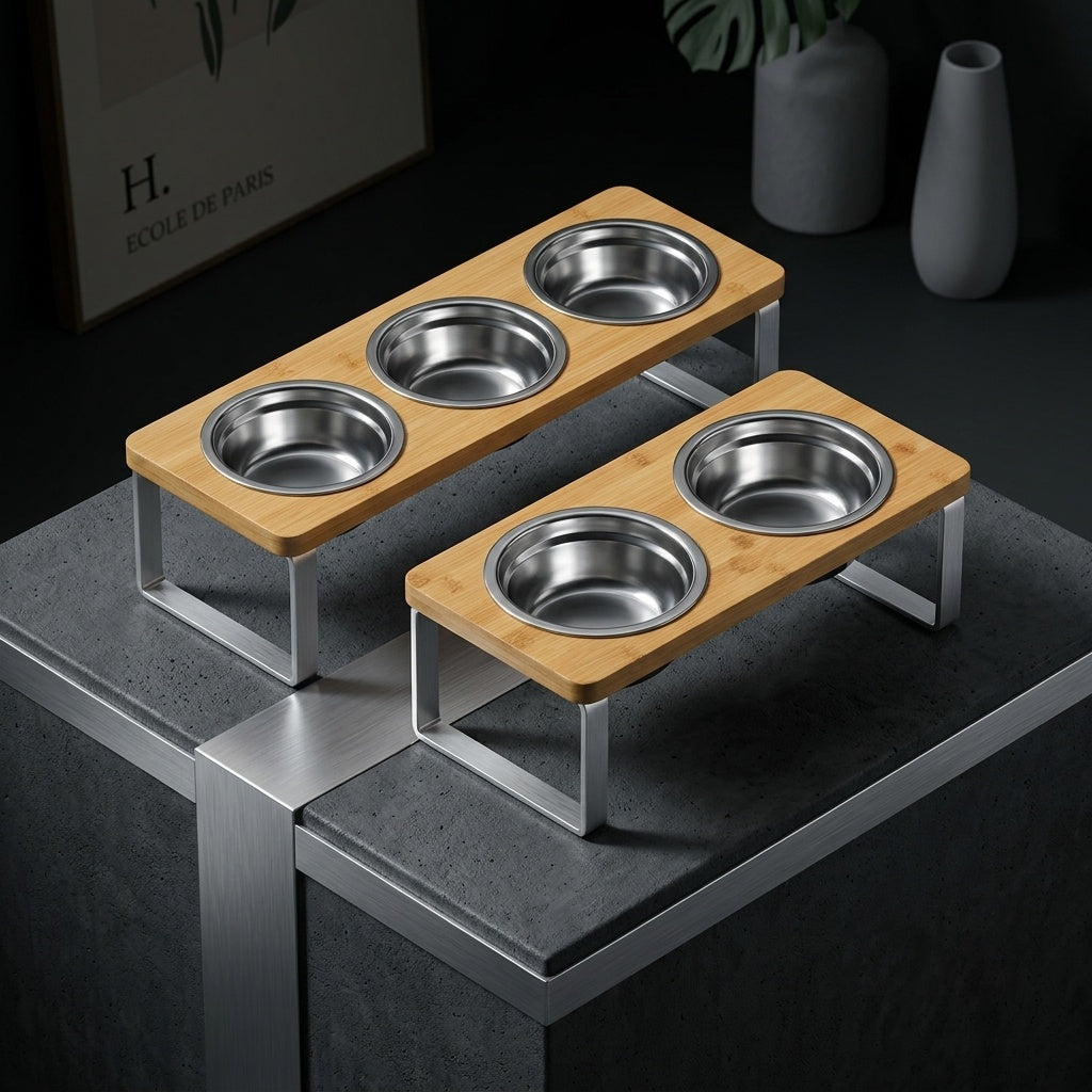 Wooden pet feeding station with metal bowls on a dark surface