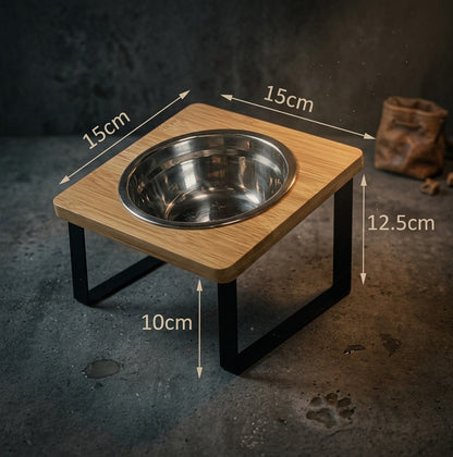 Wooden pet feeder with metal bowl and measurements on a dark background