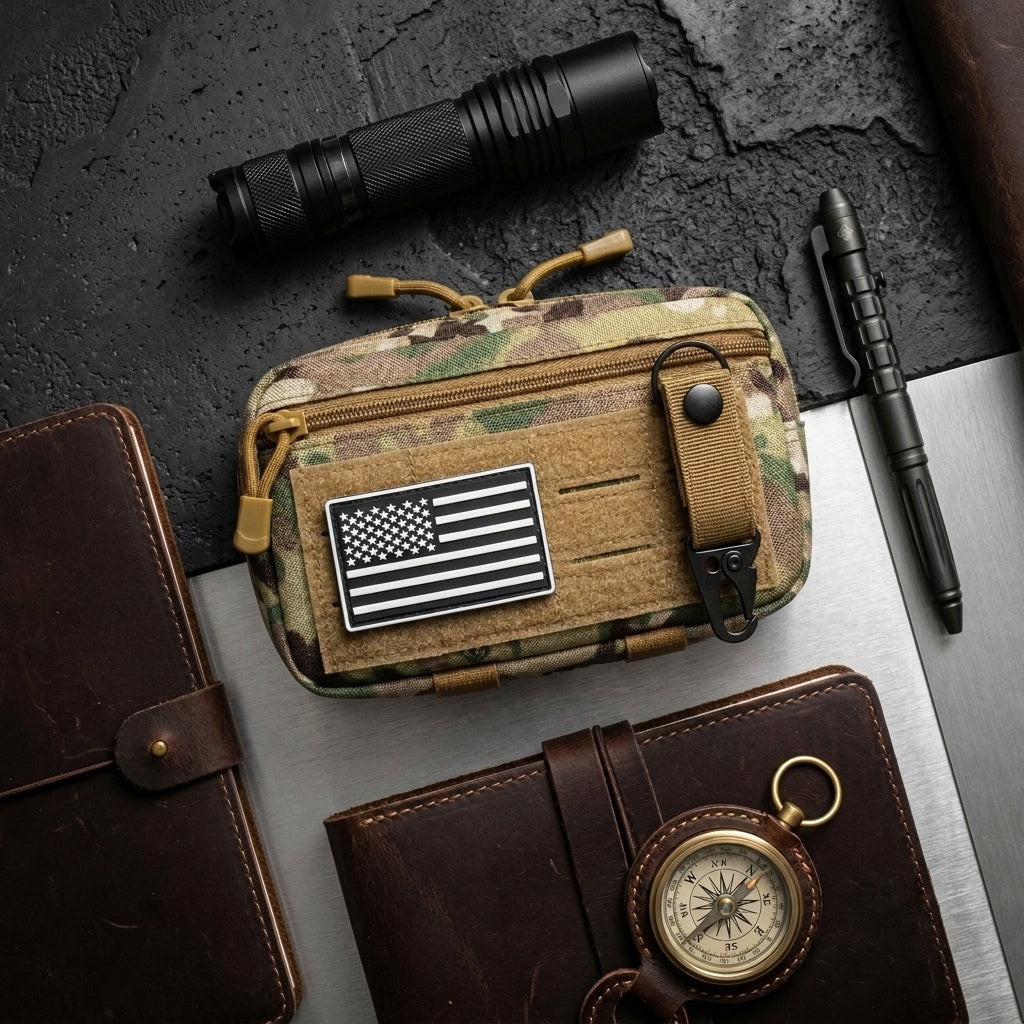 Multicam Tactical MOLLE EDC Pouch with Flashlight, Tactical Pen, and Compass — Everyday Carry Gear Organizer for Men
