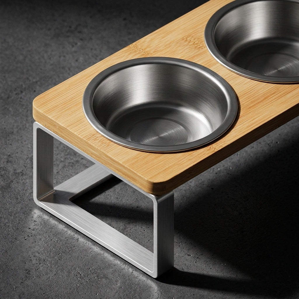 Two stainless steel bowls on a wooden and metal stand against a dark background