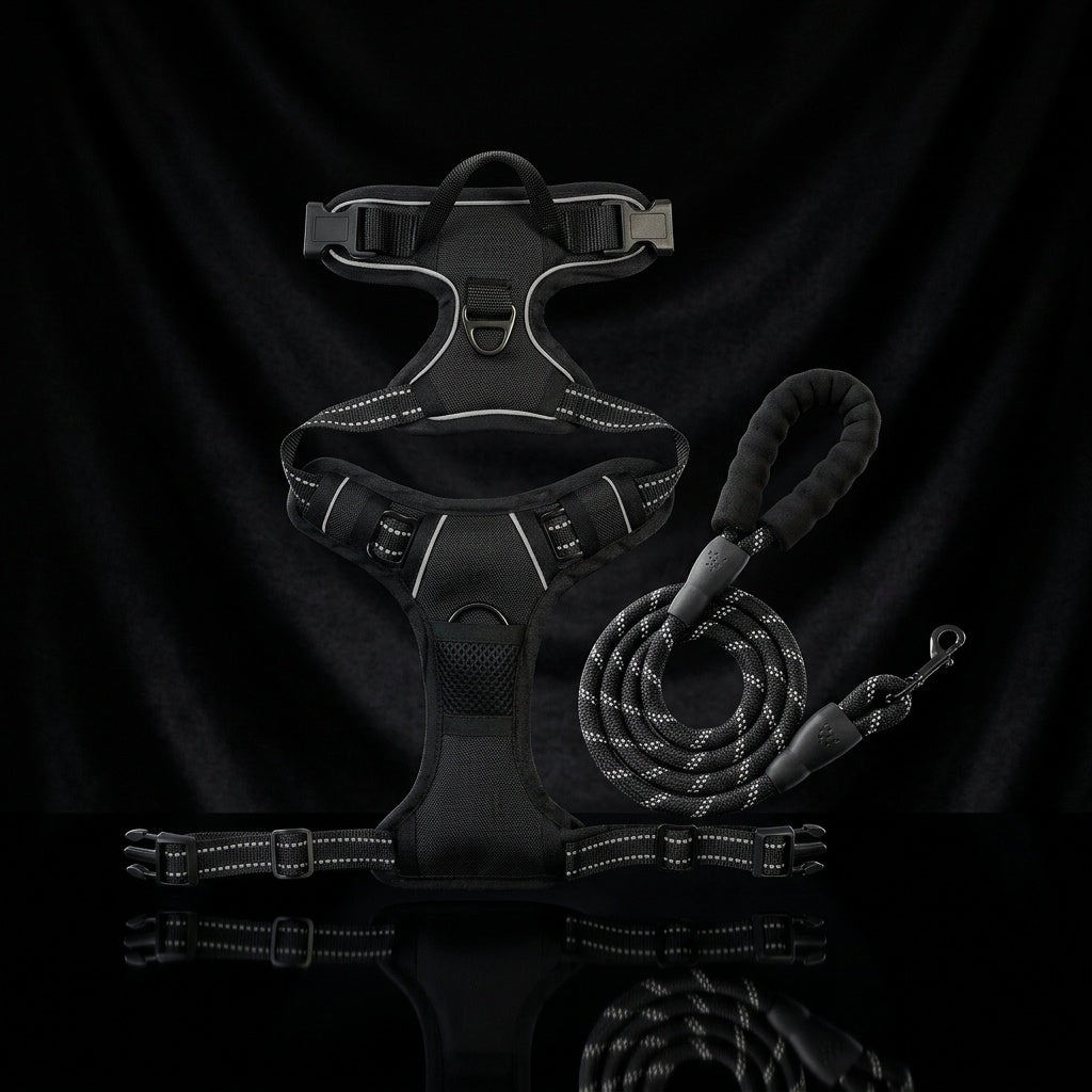 No Pull Tactical Dog Harness with Padded Handle and Reflective Rope Leash Set — Black, Front View — K9 Forge