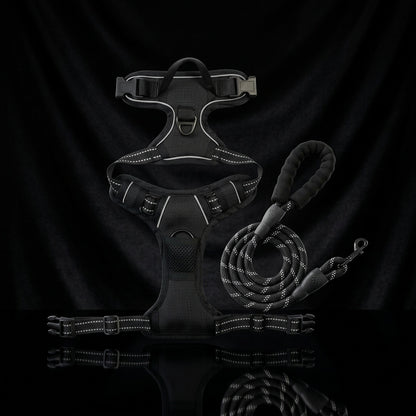 No Pull Tactical Dog Harness with Padded Handle and Reflective Rope Leash Set — Black, Front View — K9 Forge