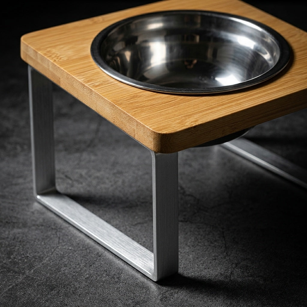 Wooden pet feeder with a metal bowl on a dark surface