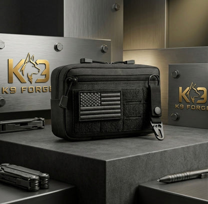 Tactical MOLLE EDC Pouch in Black with US Flag Patch and Carabiner Clip — K9 Forge