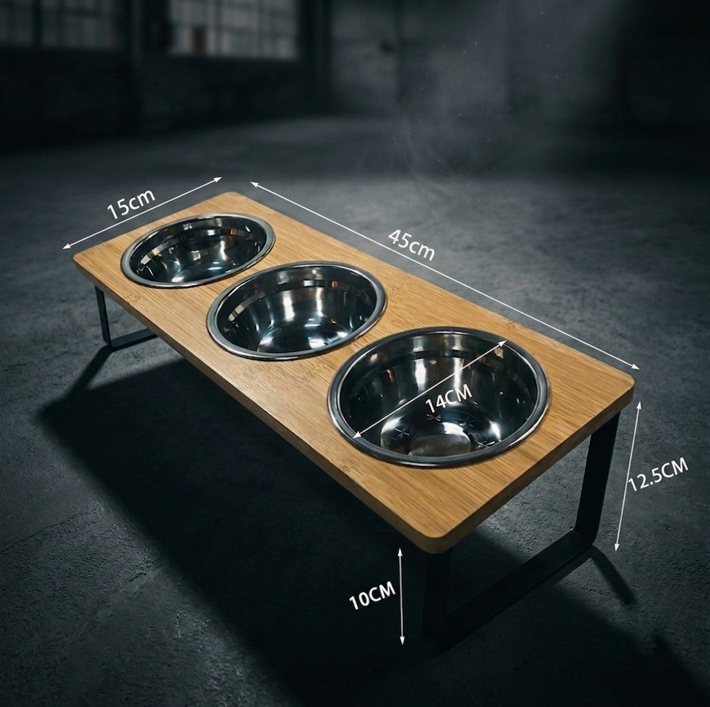 Wooden pet feeder with three bowls and measurements on a dark background