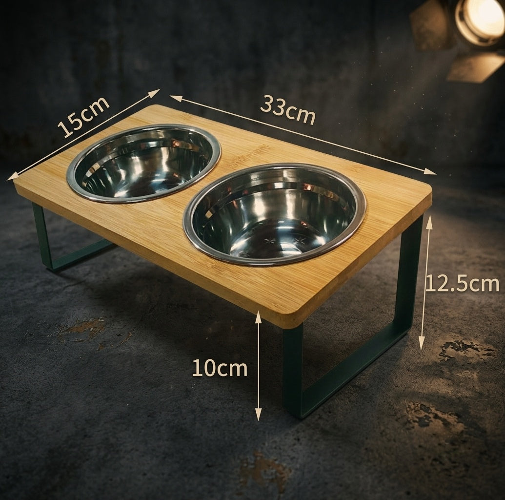 Wooden pet feeding station with two metal bowls, showing dimensions on a dark background.