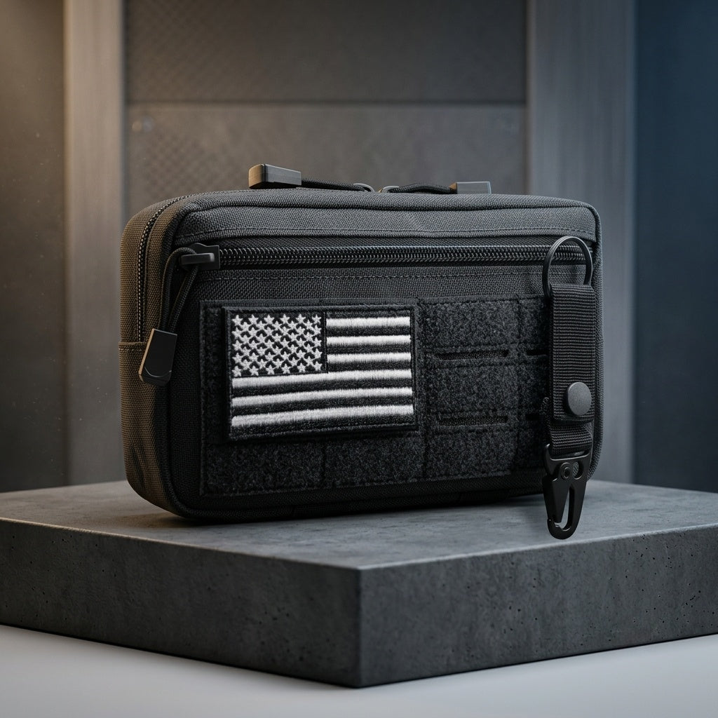 Close-Up of Tactical MOLLE Pouch Hardware — Embroidered US Flag Patch, Metal Snap Button, and YKK-Style Zipper