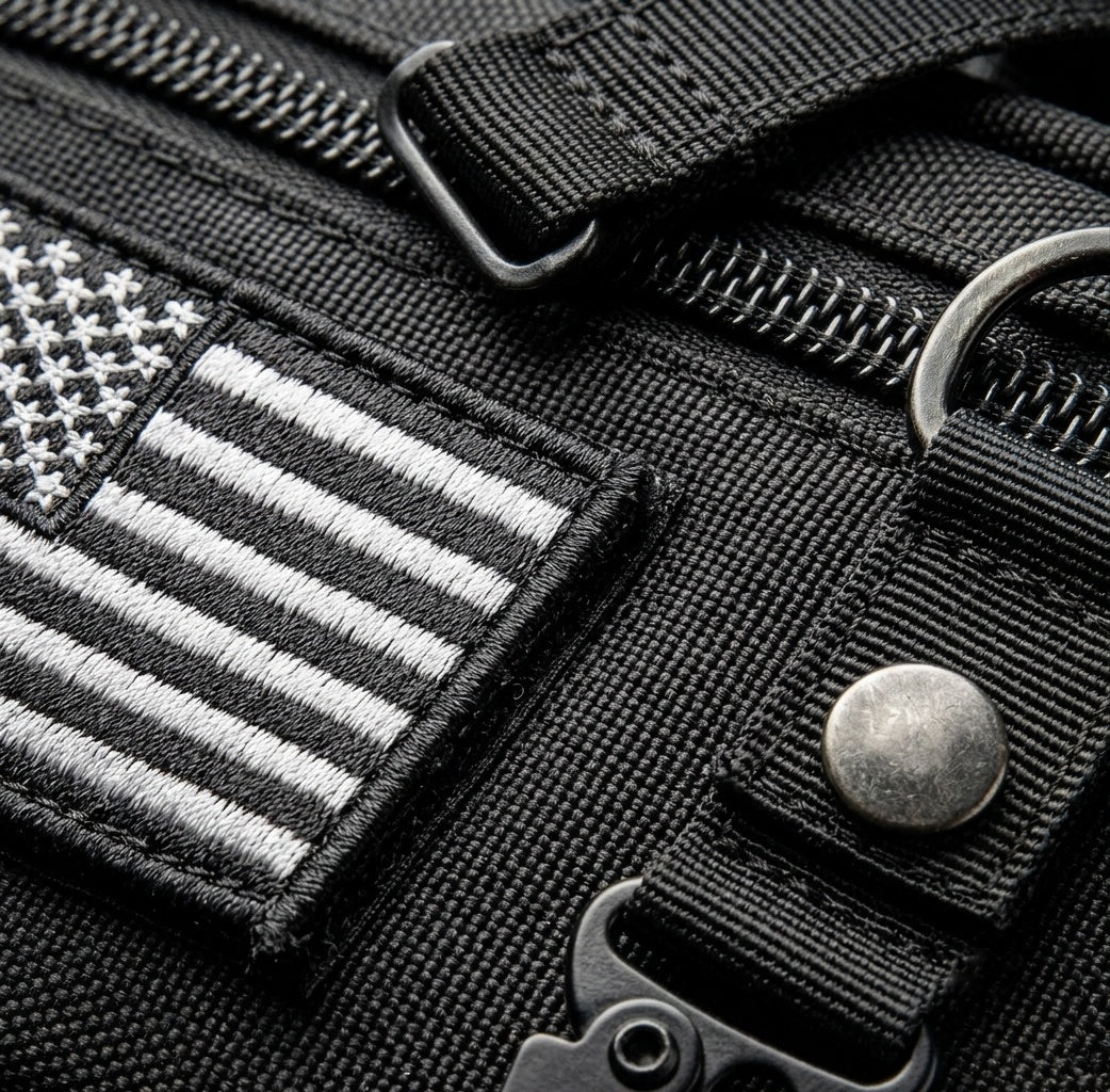 Close-Up of Tactical MOLLE Pouch Hardware — Embroidered US Flag Patch, Metal Snap Button, and YKK-Style Zipper