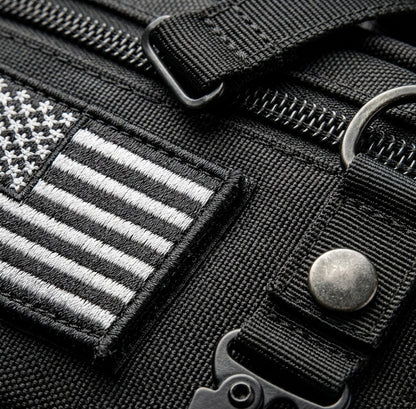 Close-Up of Tactical MOLLE Pouch Hardware — Embroidered US Flag Patch, Metal Snap Button, and YKK-Style Zipper