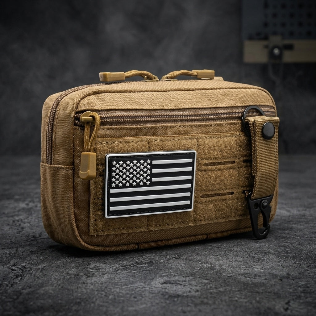 Military MOLLE Admin Pouch Coyote Tan with US Flag PVC Patch and D-Ring Hook — Tactical EDC Organizer