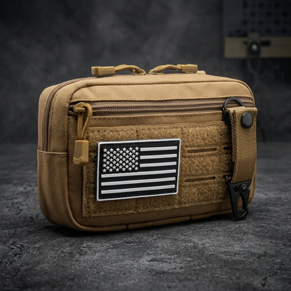 Military MOLLE Admin Pouch Coyote Tan with US Flag PVC Patch and D-Ring Hook — Tactical EDC Organizer