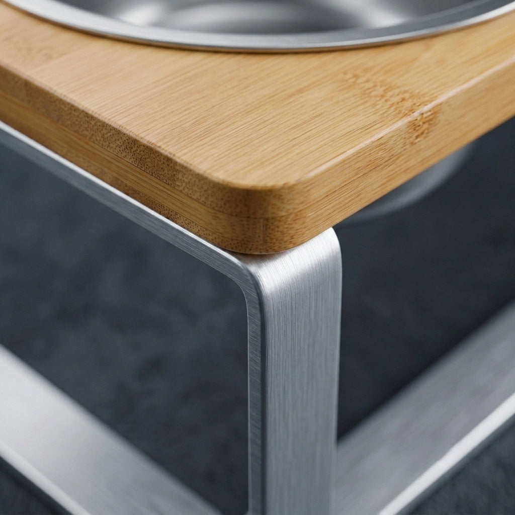 Close-up of a kitchen countertop with wooden cutting board, glass surface, and metal frame.