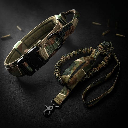 Camo Tactical Dog Collar & Bungee Leash Set — Padded Lining, 
Metal Buckle, Dual Handle | German Shepherd, Rottweiler, 
Large Breeds