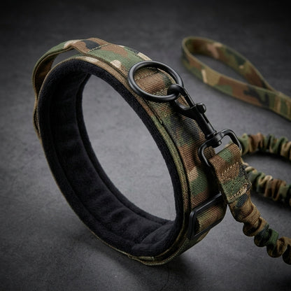 Camo Tactical Dog Collar & Bungee Leash Set — Padded Lining, 
Metal Buckle, Dual Handle | German Shepherd, Rottweiler, 
Large Breeds