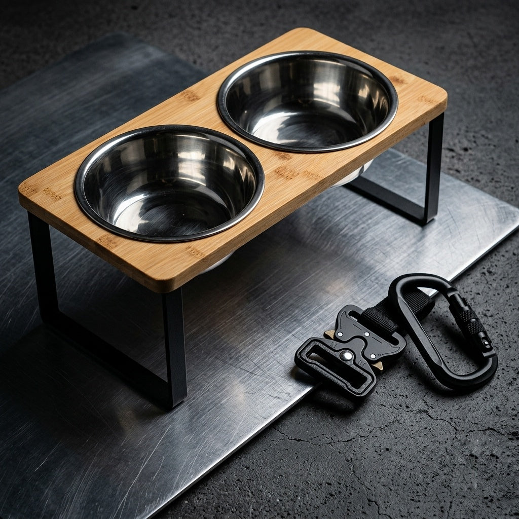 Wooden pet feeder with two metal bowls on a dark surface, accompanied by a black dog leash.