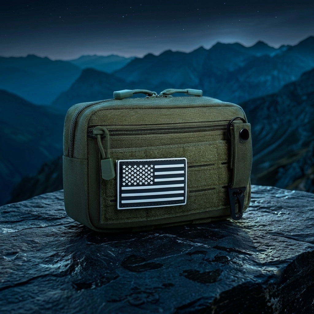 OD Green Tactical EDC MOLLE Pouch with US Flag Patch — Outdoor Survival Gear Bag for Hiking and Camping