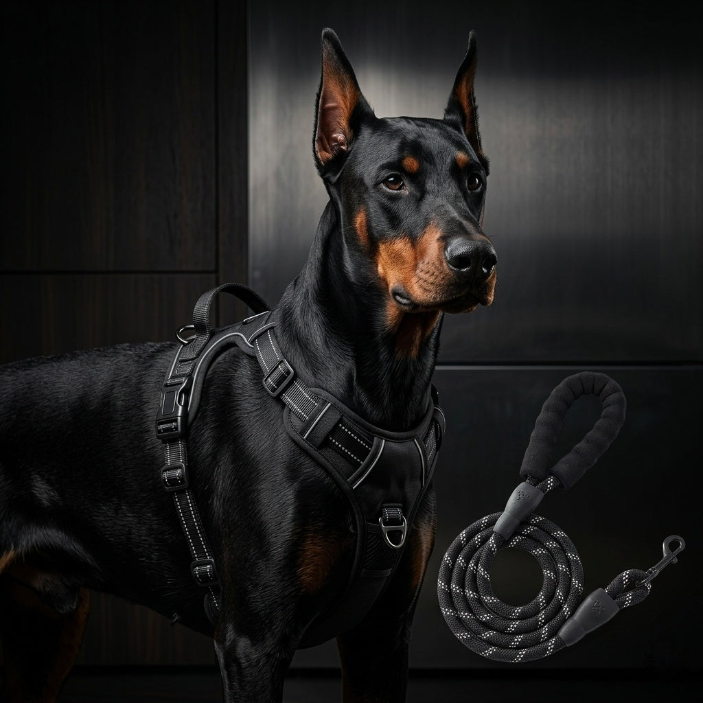 Black Tactical No Pull Dog Harness with Reflective Rope Leash Set on Doberman — K9 Forge Premium Dog Gear