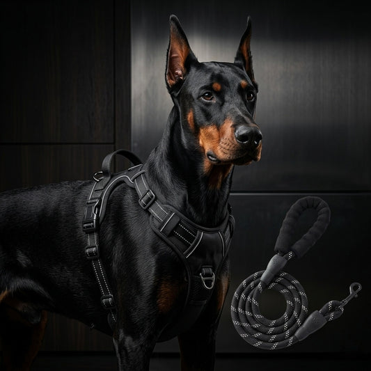 Black Tactical No Pull Dog Harness with Reflective Rope Leash Set on Doberman — K9 Forge Premium Dog Gear