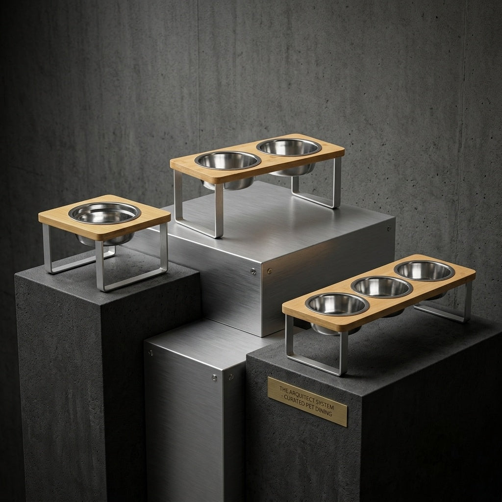 Set of elevated dog bowls with wooden platforms on a dark gray background