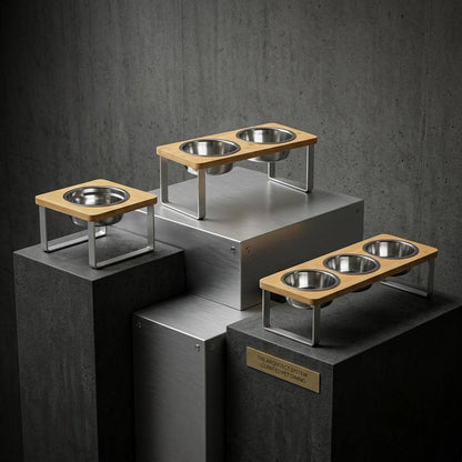 Set of elevated dog bowls with wooden platforms on a dark gray background
